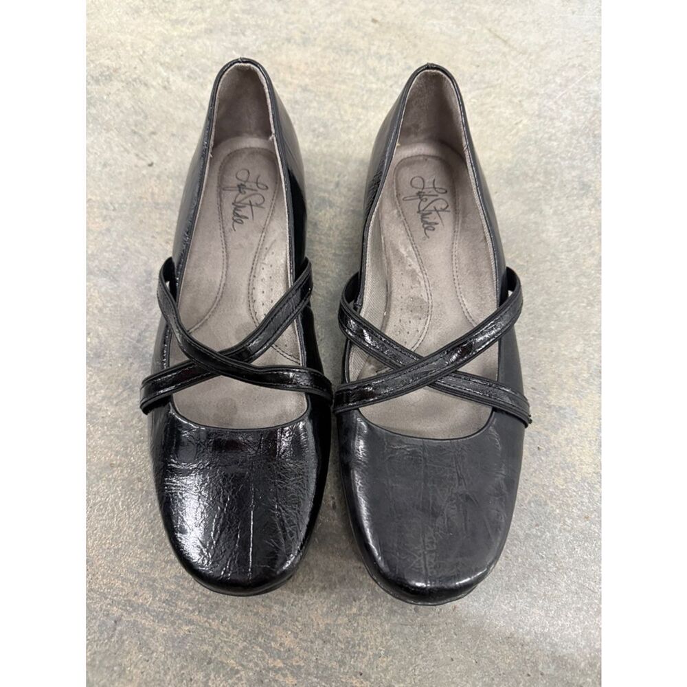 Life Stride Black Patent Cross-Strap Ballet Flats